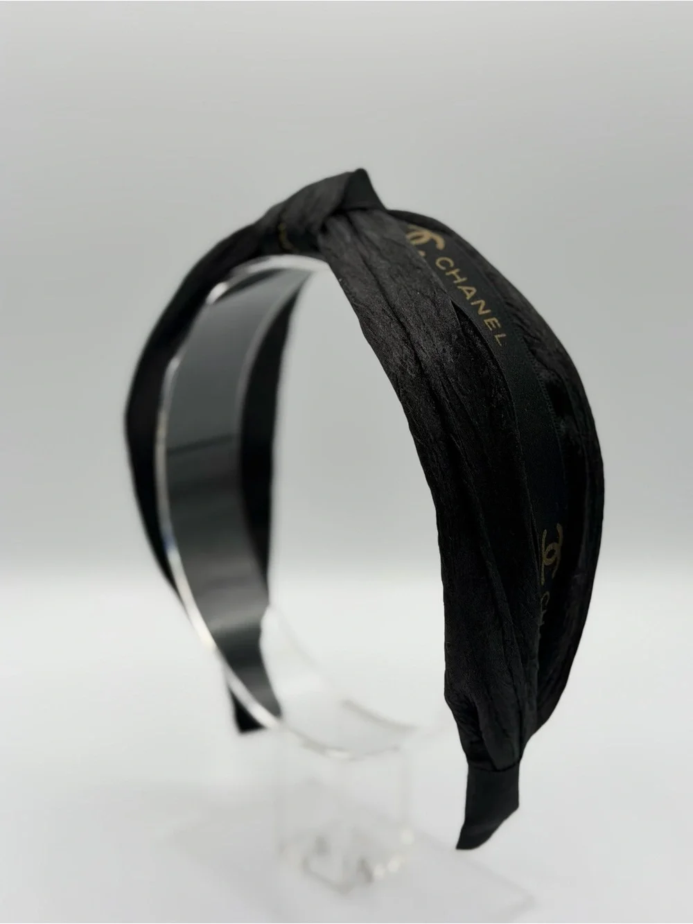 CHANEL Black Headband with Gold Logo Trim